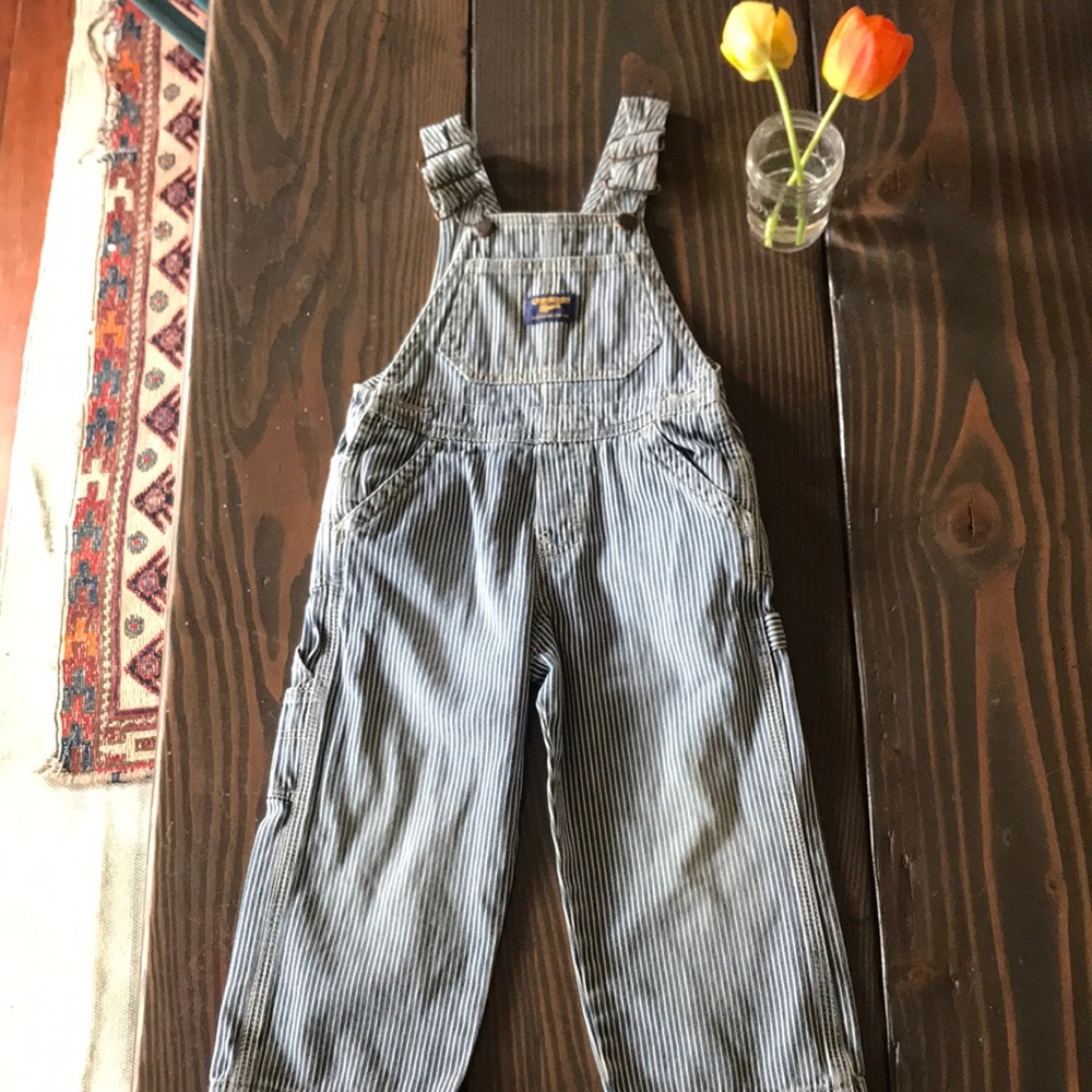 Vintage OshKosh B’gosh Blue White Railroad Stripe Overalls 3T